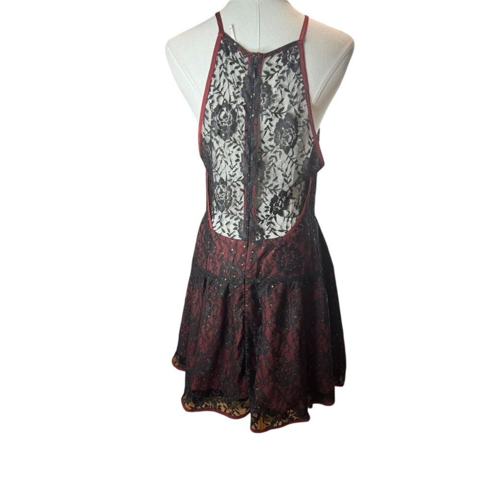 xFree People Black & Burgundy Lace Fit & Flare Mini Dress SZ:10  Sheer Open Back - Picture 3 of 11